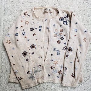 Vintage B Moss Soft Cotton Viscose Floral Embroidered Cardigan Sz L